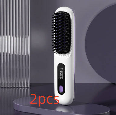 2-In-1 Wireless Hair Straightener Brush – Portable Fast Heating Comb & Hot Curler, USB Rechargeable