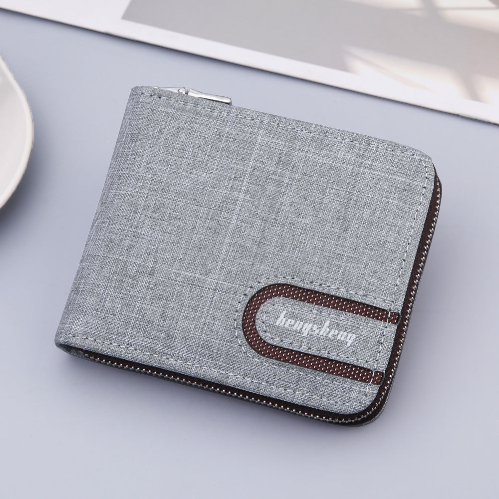 Men’s Canvas Short Wallet – Retro Multifunctional Zipper Bifold Purse with Card & Coin Holder