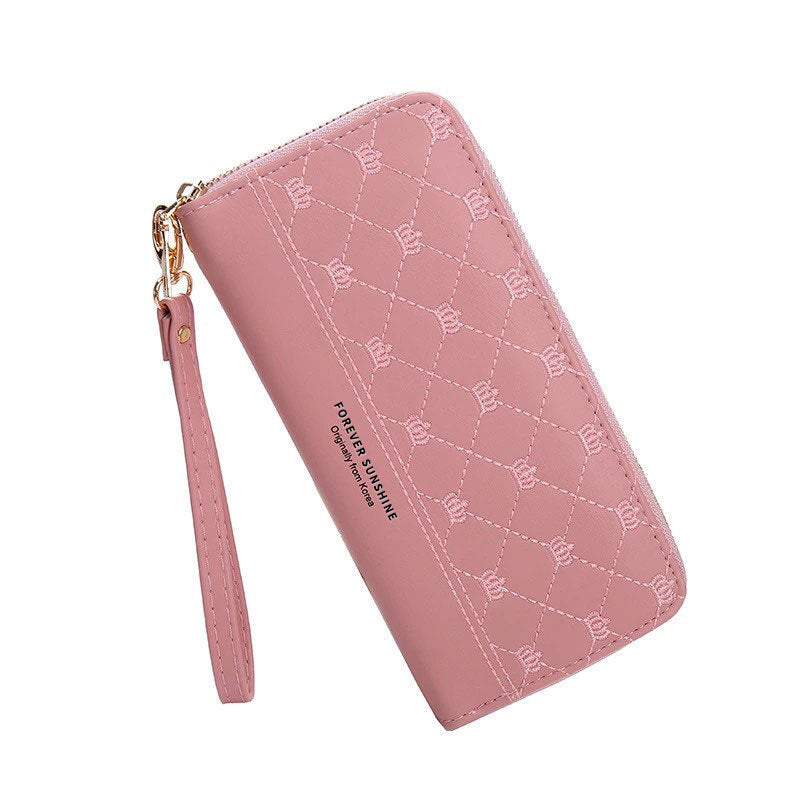 Women’s Crown Embroidery Clutch Wallet – Single Zip PU Leather Long Purse