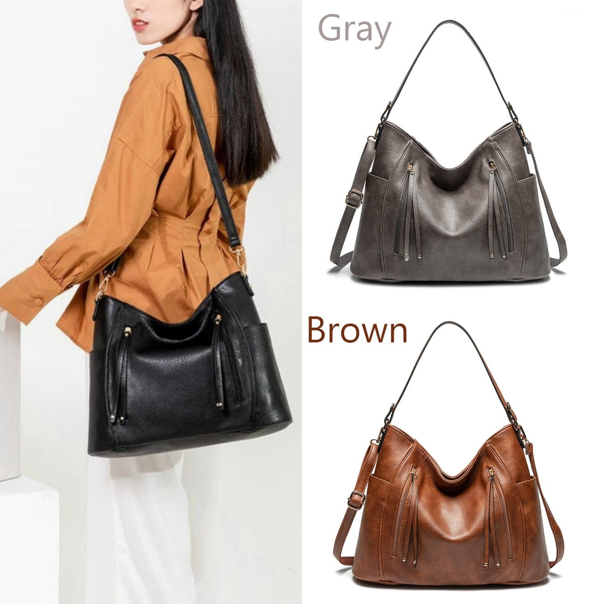 Luxury Women’s Leather Handbag – Large Capacity Messenger Bag, Vintage PU Shoulder Tote with Tassel Design