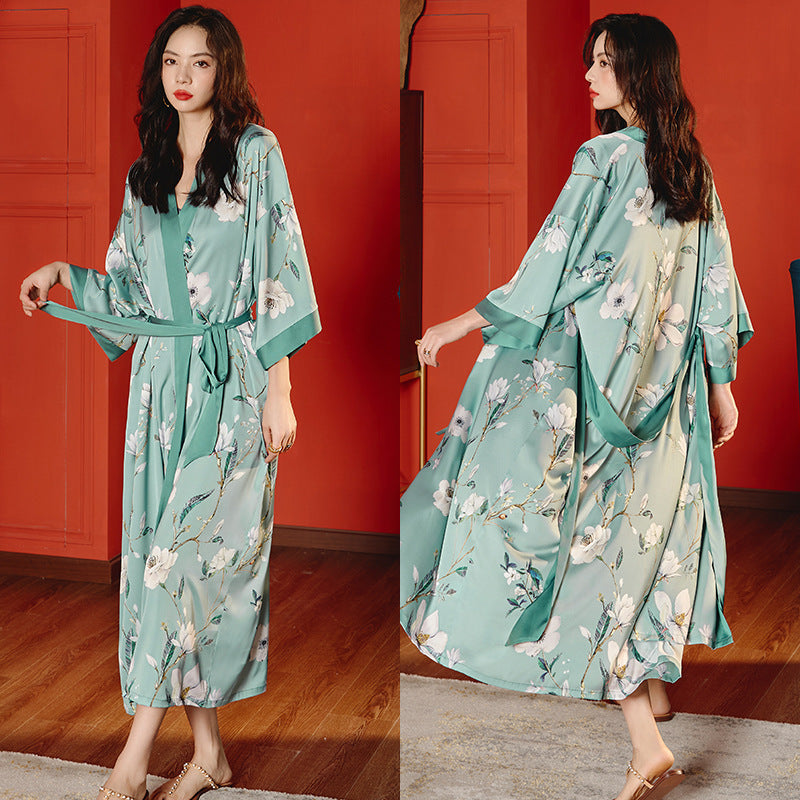 Women’s Luxury Silk Dressing Gown – Long Floral Print Elegant Nightwear Robe