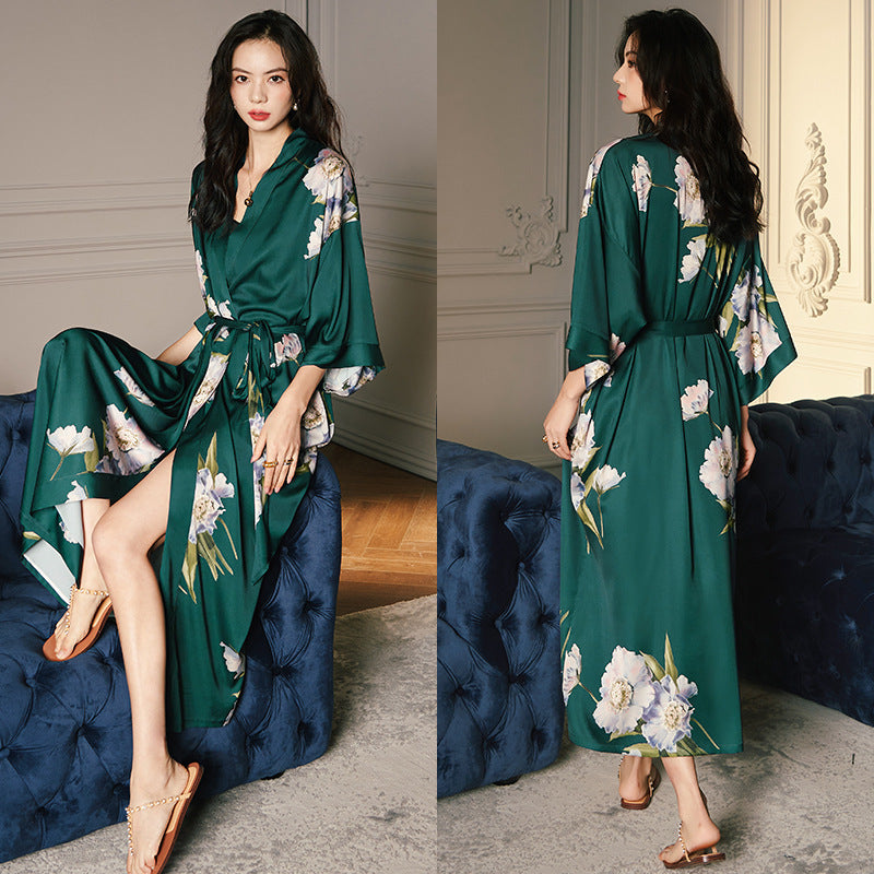Women’s Luxury Silk Dressing Gown – Long Floral Print Elegant Nightwear Robe
