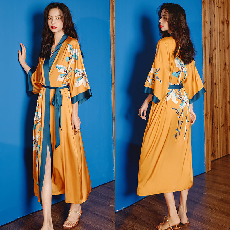 Women’s Luxury Silk Dressing Gown – Long Floral Print Elegant Nightwear Robe