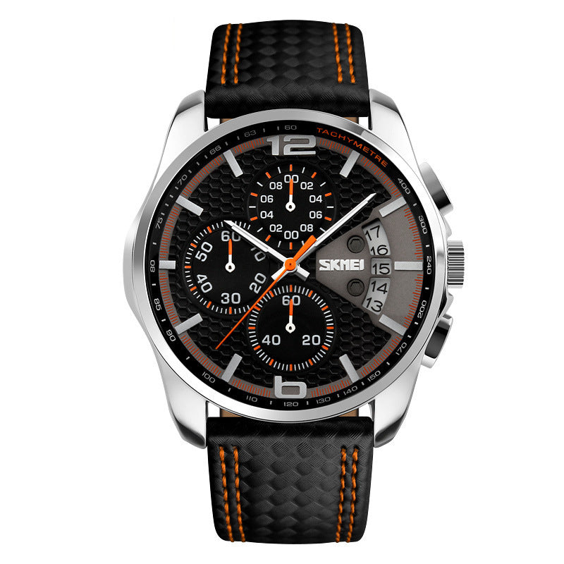 Men’s Leather Quartz Sports Watch – Waterproof Chronograph with Calendar