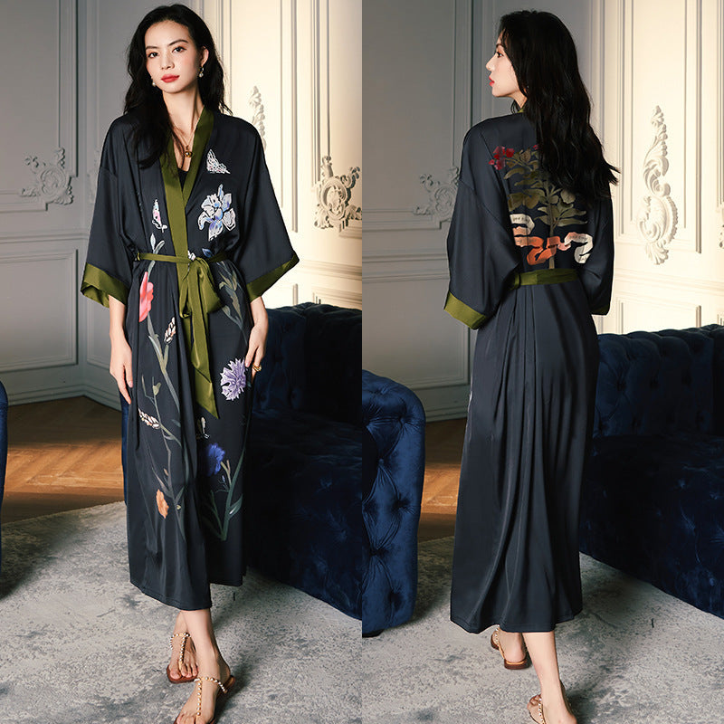 Women’s Luxury Silk Dressing Gown – Long Floral Print Elegant Nightwear Robe