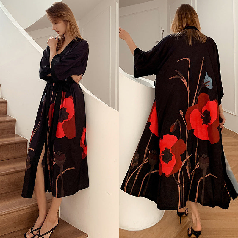 Women’s Luxury Silk Dressing Gown – Long Floral Print Elegant Nightwear Robe