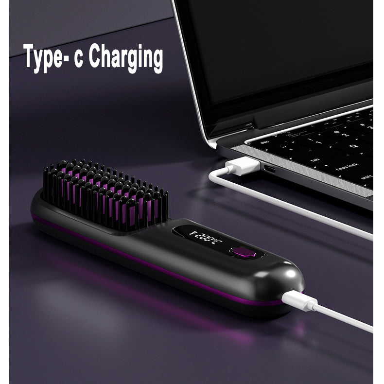 2-In-1 Wireless Hair Straightener Brush – Portable Fast Heating Comb & Hot Curler, USB Rechargeable