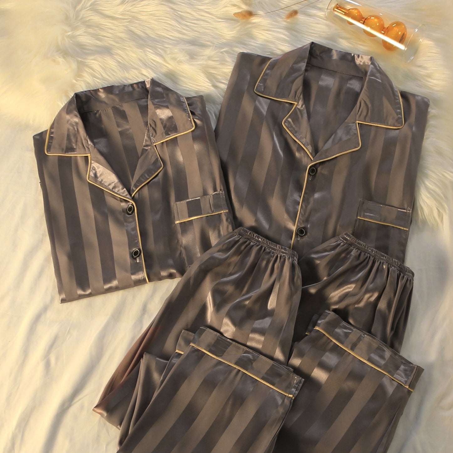 Striped Luxury Silk Loungewear Set – Plus Size Pajamas for Men & Women