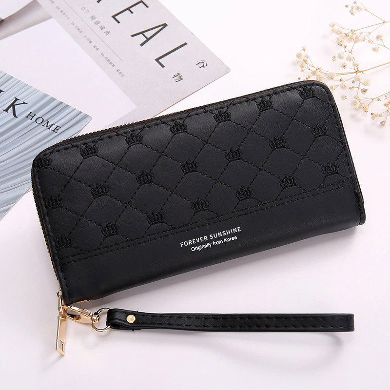 Women’s Crown Embroidery Clutch Wallet – Single Zip PU Leather Long Purse