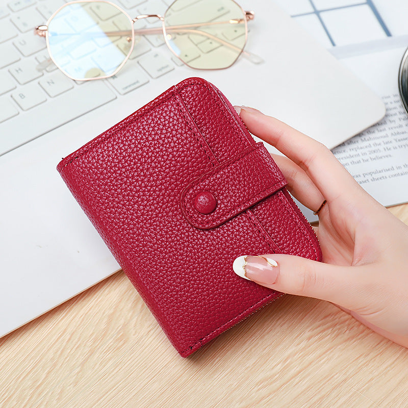Ladies’ Short Wallet with Lychee Pattern – 2-Fold PU Leather Mini Purse