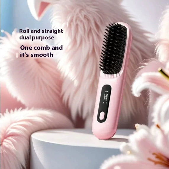 2-In-1 Wireless Hair Straightener Brush – Portable Fast Heating Comb & Hot Curler, USB Rechargeable