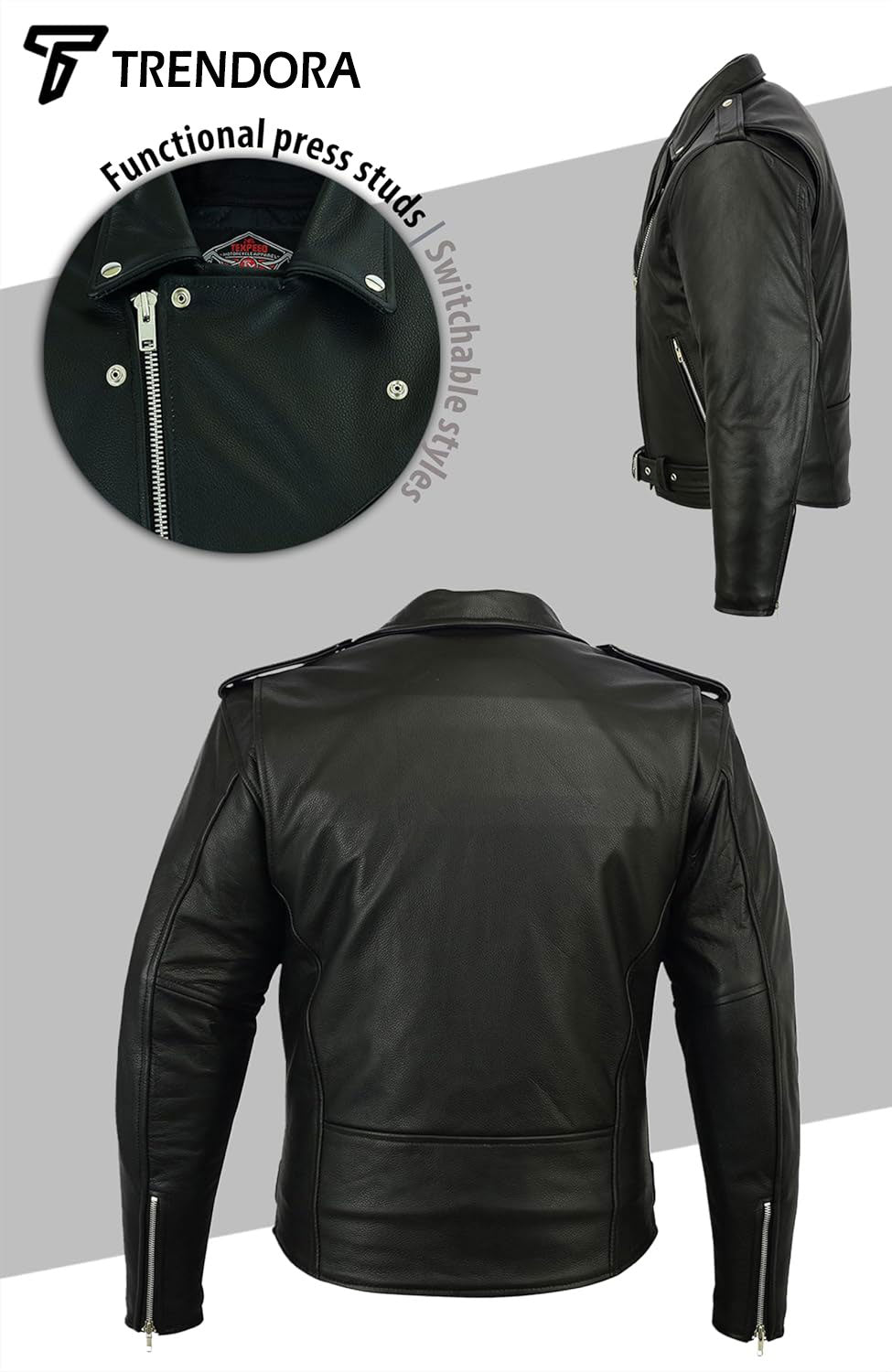 Men’s Brando Style Motorcycle Leather Jacket – CE Armoured, Touring Biker Jacket Black