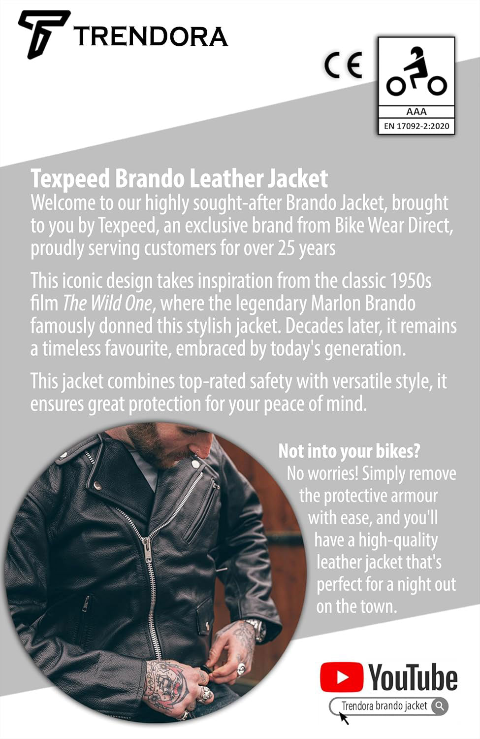 Men’s Brando Style Motorcycle Leather Jacket – CE Armoured, Touring Biker Jacket Black