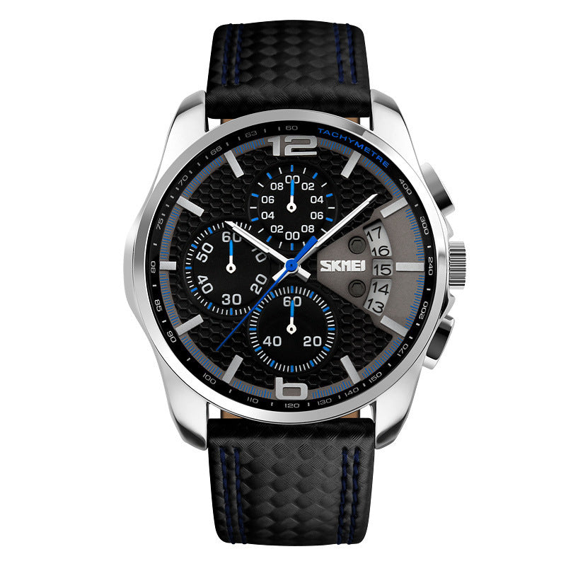 Men’s Leather Quartz Sports Watch – Waterproof Chronograph with Calendar