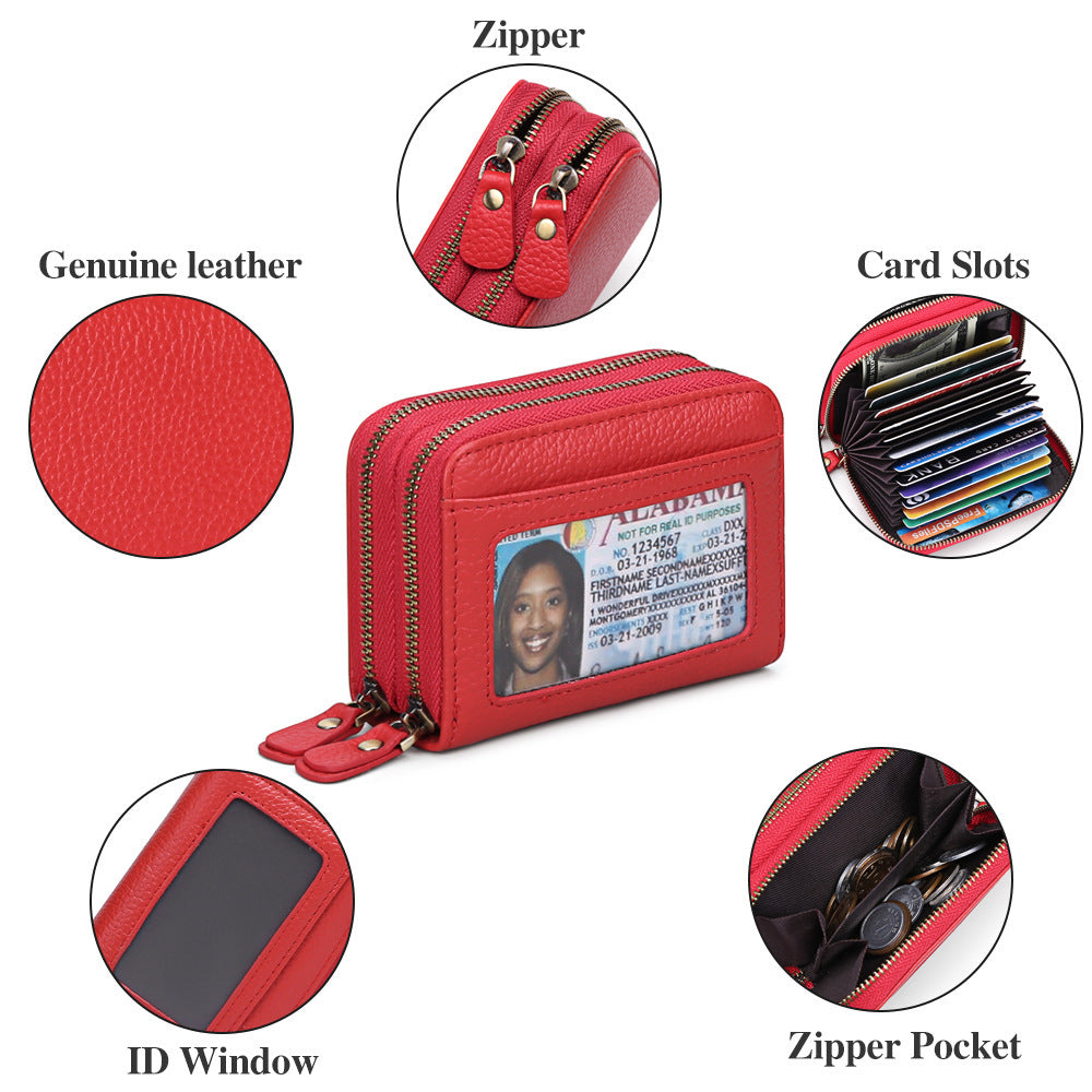 First Cowhide Double Layer Zipper Expanding Card Holder – Genuine Leather Anti-Theft Wallet with Gift Box