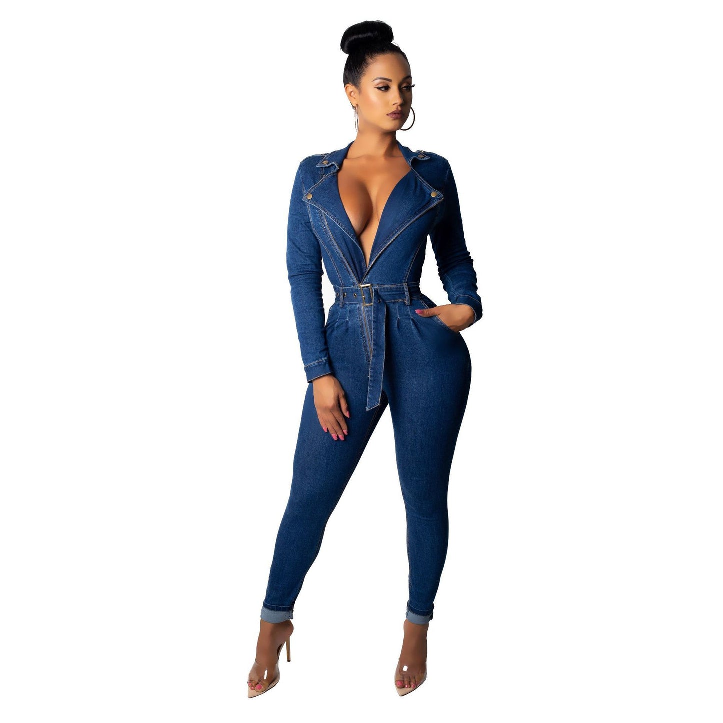 Women’s Denim Bodysuit – Casual Slim Fit Sleeveless Jumpsuit