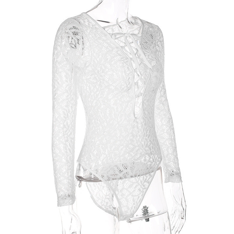 Women’s Lace Romper Jumpsuit – Deep V Hollow Out Short Bodysuit with Tie, Long Sleeve Summer White