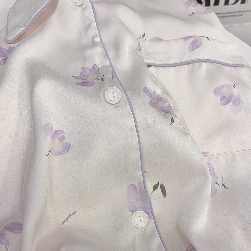 Magnolia Ice Silk Pajama Set – Women’s Long Sleeve Summer Loungewear Suit