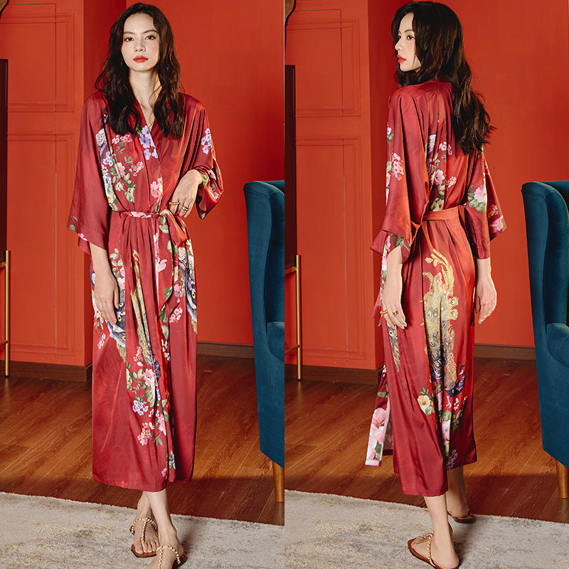 Women’s Luxury Silk Dressing Gown – Long Floral Print Elegant Nightwear Robe