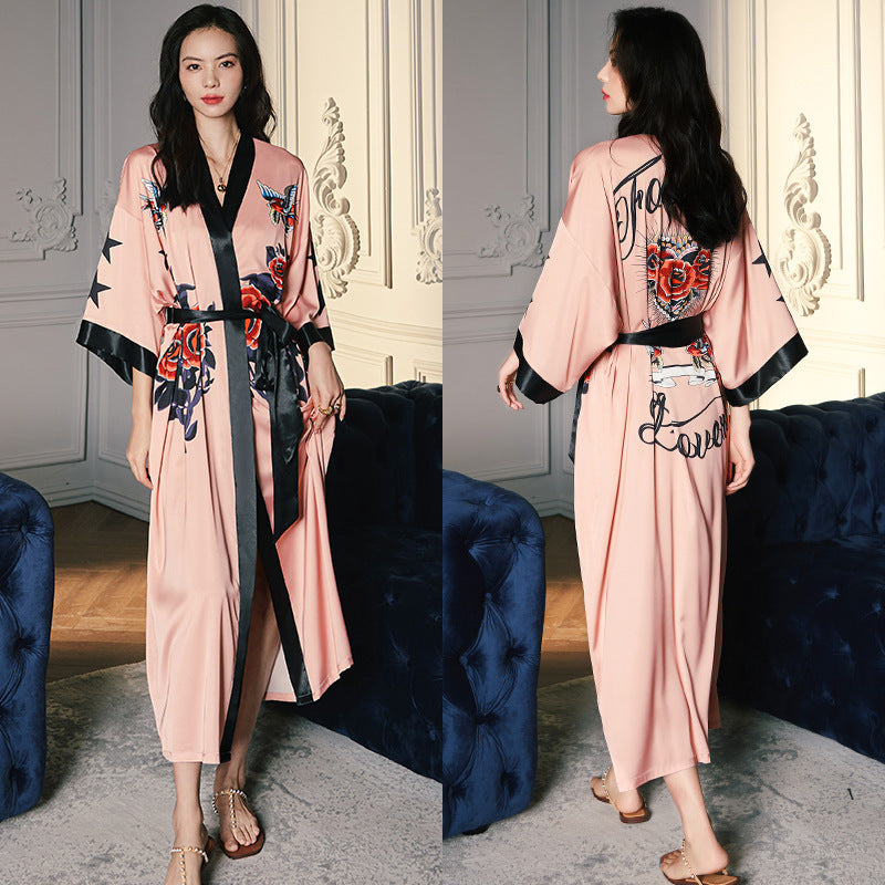 Women’s Luxury Silk Dressing Gown – Long Floral Print Elegant Nightwear Robe