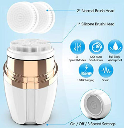 Silicone Facial Cleansing Brush – Electric Skin Cleanser with 2 Brush Heads & USB Charging