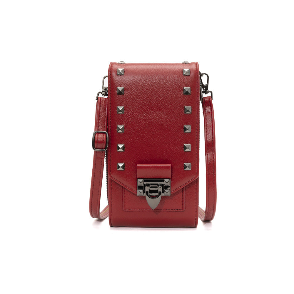Women’s Rivet Design Crossbody Shoulder Bag – PU Leather Mobile Phone Handbag