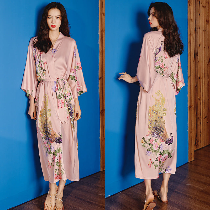 Women’s Luxury Silk Dressing Gown – Long Floral Print Elegant Nightwear Robe