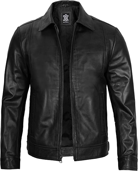 Men's Real Lambskin Leather Cafe Racer Jacket – Classic Black Biker Style with Pockets
