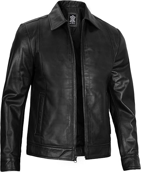 Men's Real Lambskin Leather Cafe Racer Jacket – Classic Black Biker Style with Pockets