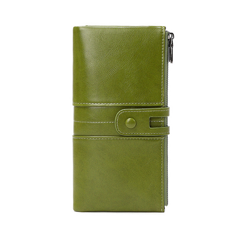 Oil Wax Leather Women’s Long Wallet – Double Zipper Retro Anti-theft PU Purse