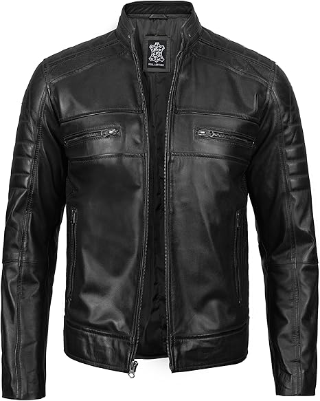 Men’s Quilted Cafe Racer Leather Motorcycle Jacket – Real Lambskin