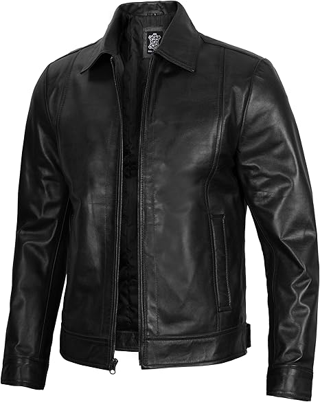 Men's Real Lambskin Leather Cafe Racer Jacket – Classic Black Biker Style with Pockets