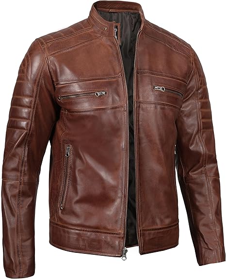 Men’s Quilted Cafe Racer Leather Motorcycle Jacket – Real Lambskin