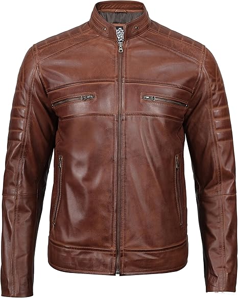 Men’s Quilted Cafe Racer Leather Motorcycle Jacket – Real Lambskin
