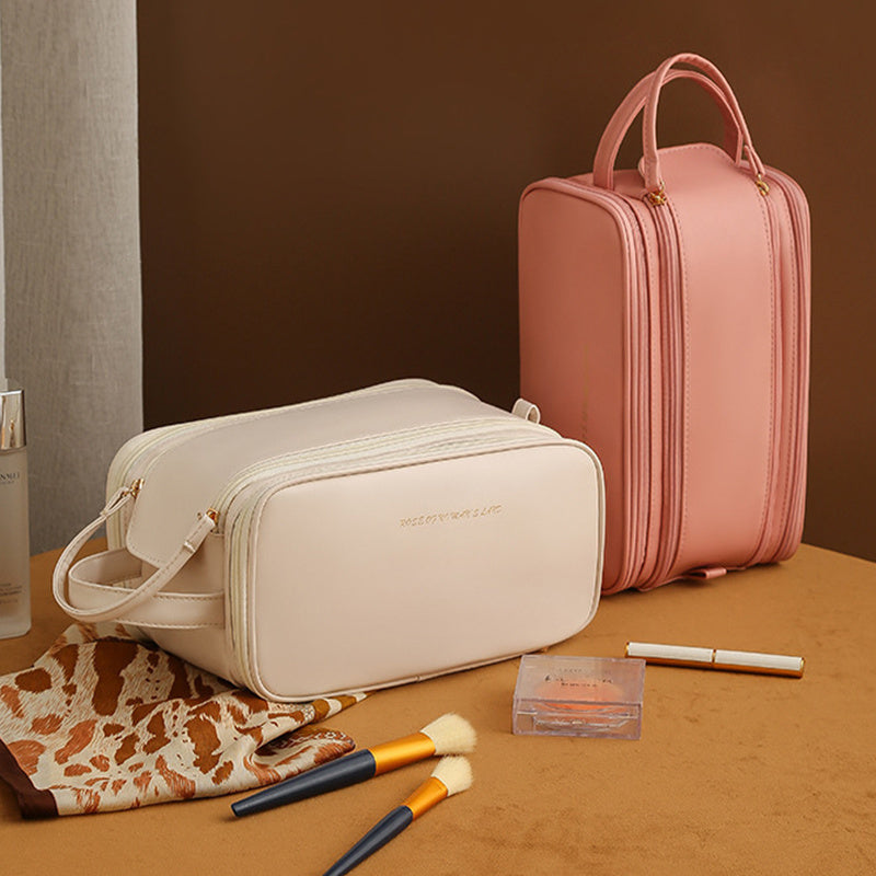 Three-Layer PU Leather Cosmetic Bag – Double Zipper U-Shape Portable Makeup Organizer