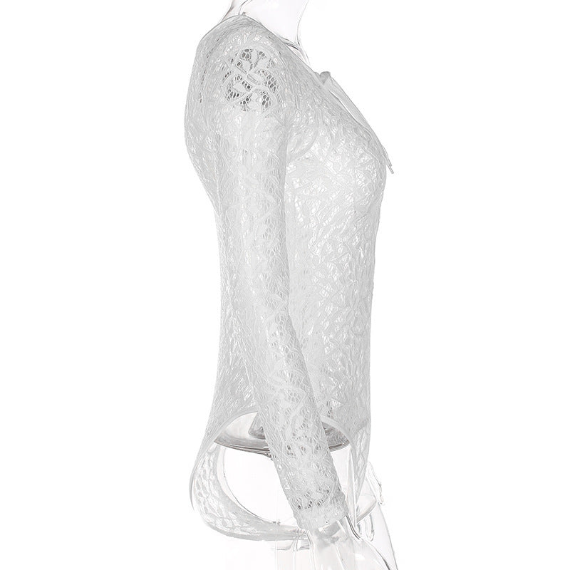 Women’s Lace Romper Jumpsuit – Deep V Hollow Out Short Bodysuit with Tie, Long Sleeve Summer White