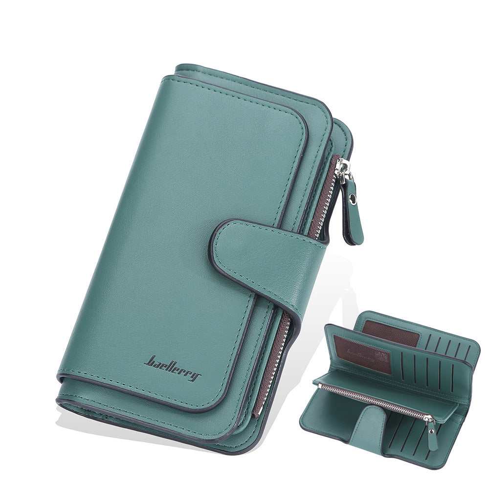 Women’s Three-Fold Long Wallet – Korean Style PU Leather Clutch with Multiple Card Slots & Zipper