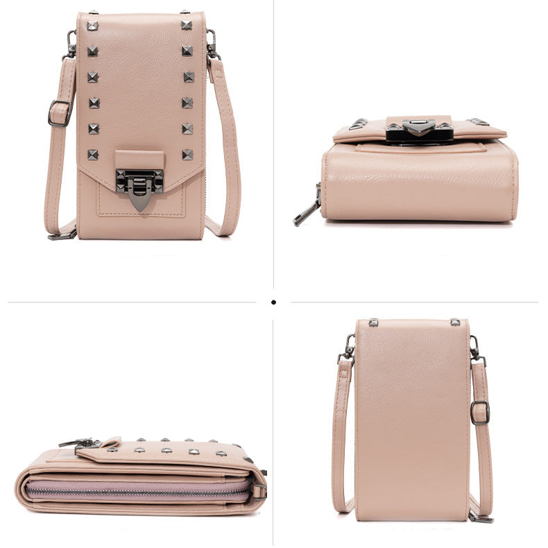 Women’s Rivet Design Crossbody Shoulder Bag – PU Leather Mobile Phone Handbag