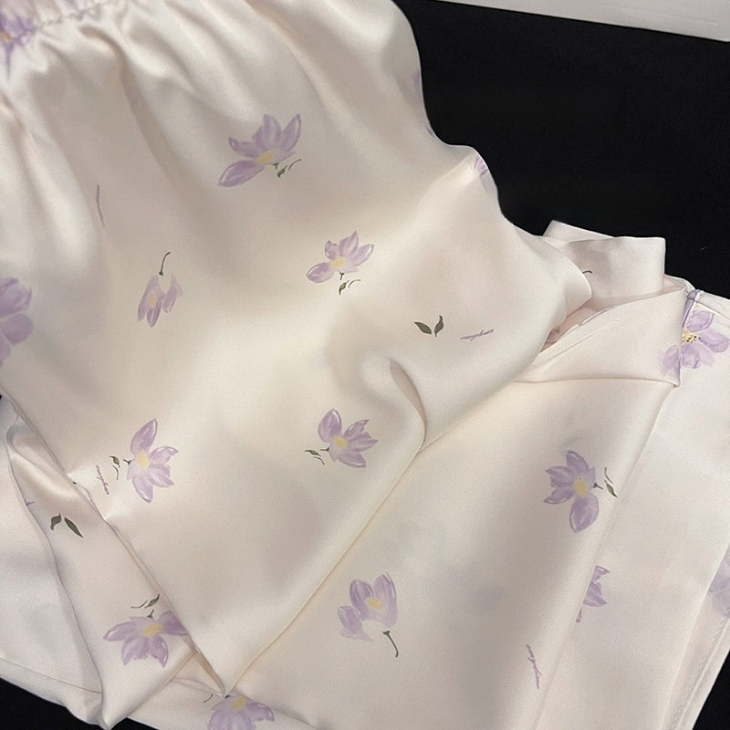 Magnolia Ice Silk Pajama Set – Women’s Long Sleeve Summer Loungewear Suit