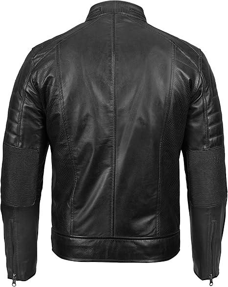 Men’s Quilted Cafe Racer Leather Motorcycle Jacket – Real Lambskin