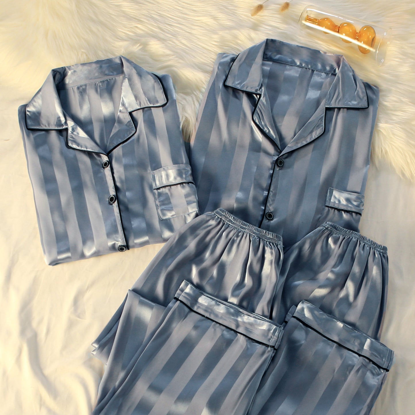 Striped Luxury Silk Loungewear Set – Plus Size Pajamas for Men & Women