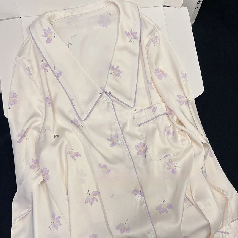 Magnolia Ice Silk Pajama Set – Women’s Long Sleeve Summer Loungewear Suit