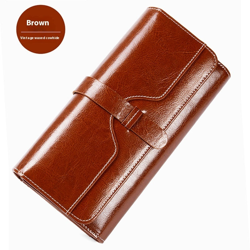 Pure Leather Women’s Tri-fold Wallet – Long Buckle Genuine Cowhide