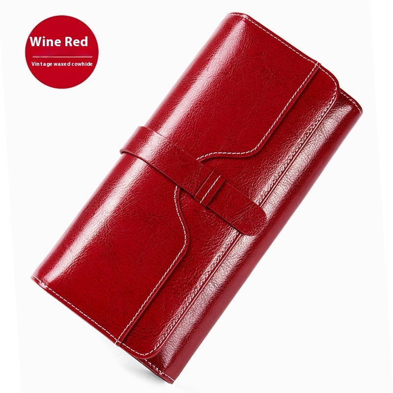 Pure Leather Women’s Tri-fold Wallet – Long Buckle Genuine Cowhide