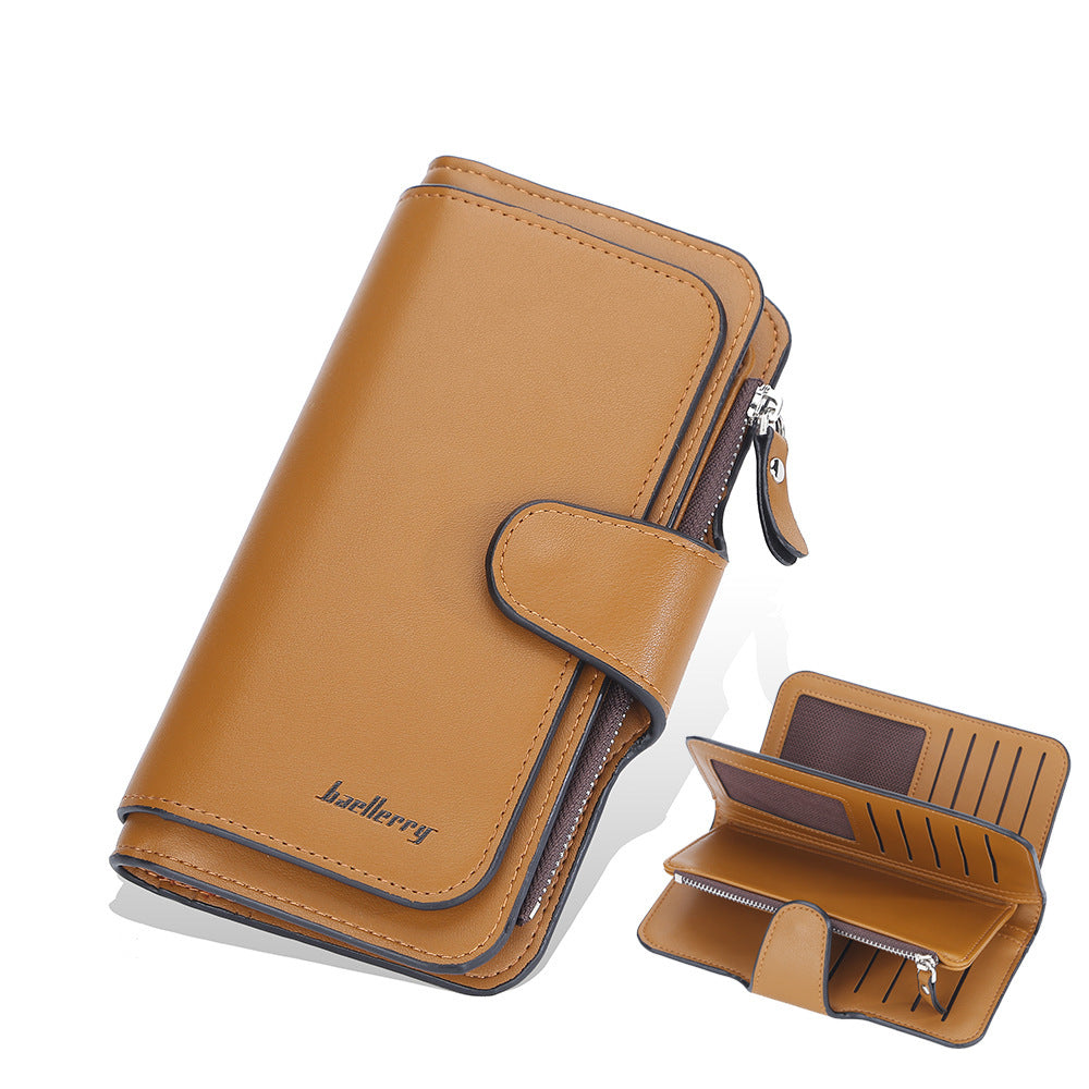 Women’s Three-Fold Long Wallet – Korean Style PU Leather Clutch with Multiple Card Slots & Zipper