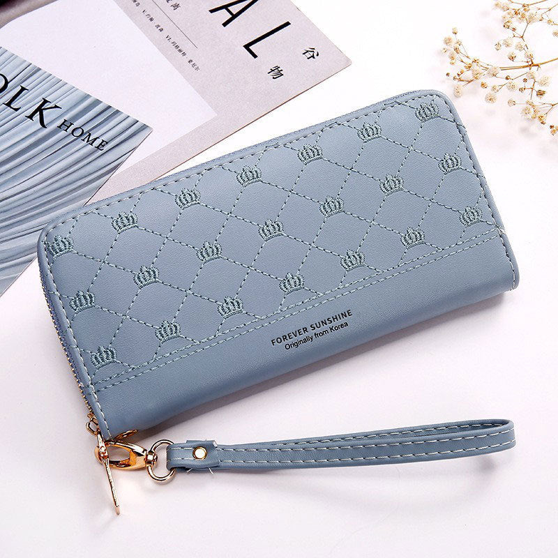 Women’s Crown Embroidery Clutch Wallet – Single Zip PU Leather Long Purse