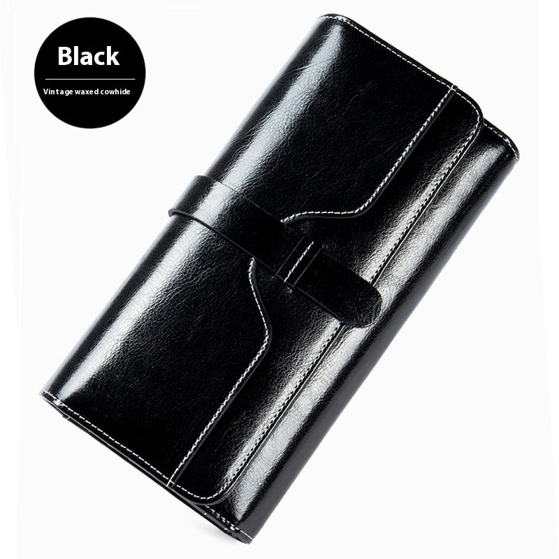 Pure Leather Women’s Tri-fold Wallet – Long Buckle Genuine Cowhide