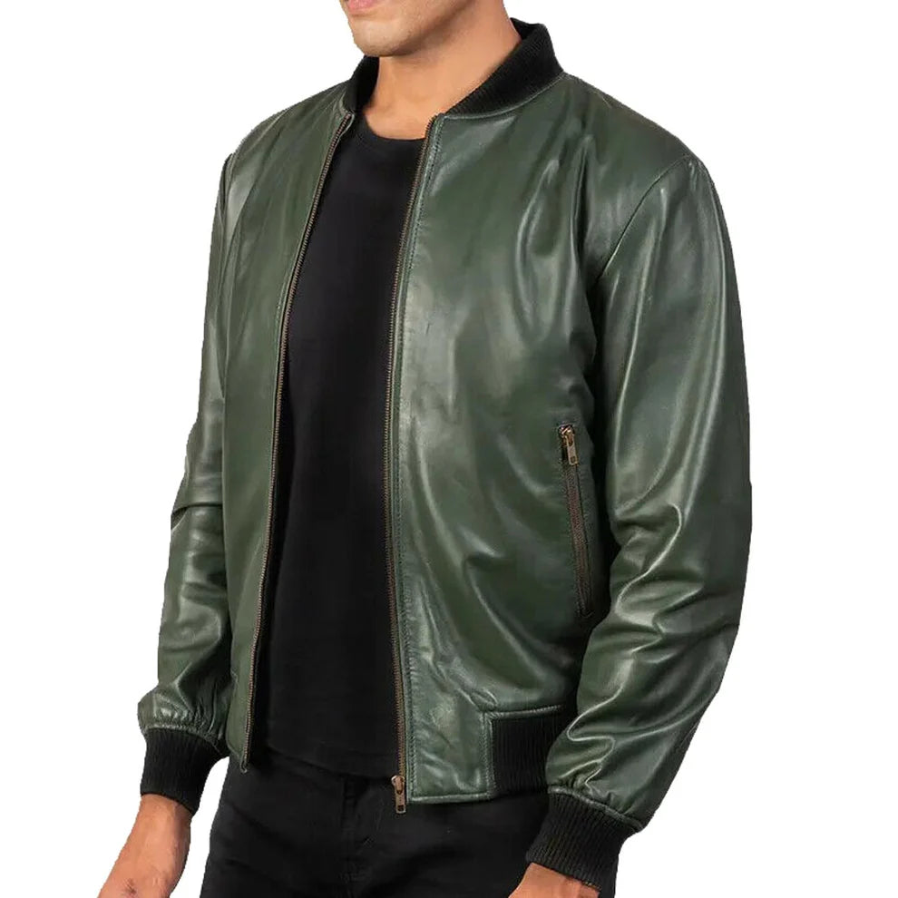 Men’s Green Leather Bomber Jacket Side View