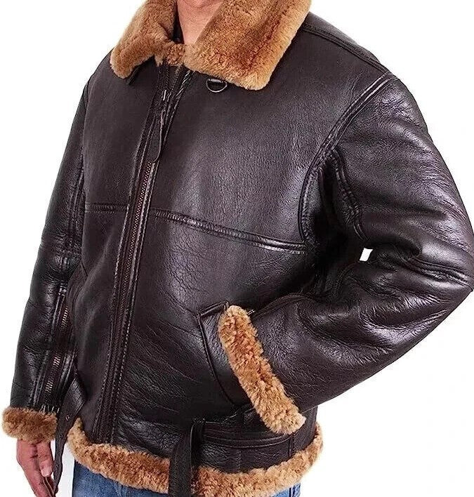 Men’s RAF B3 Sheepskin Leather Aviator Bomber Jacket – Real Fur Lined Pilot Flying Coat