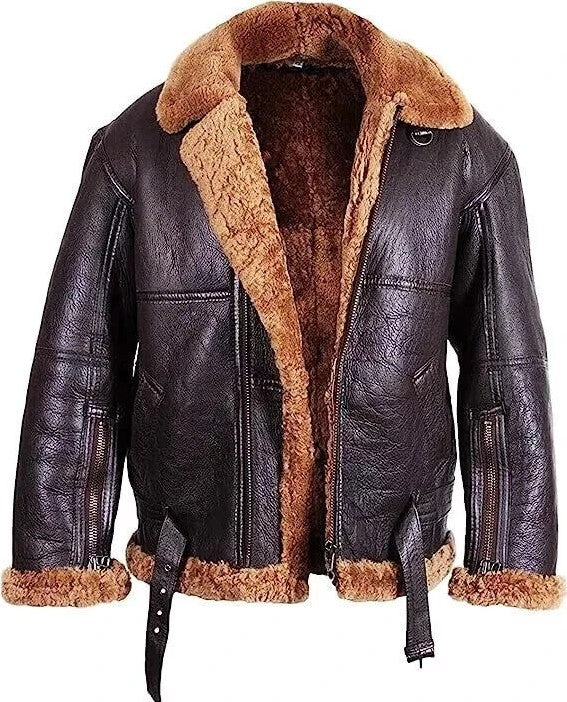 Men’s RAF B3 Sheepskin Leather Aviator Bomber Jacket – Real Fur Lined Pilot Flying Coat